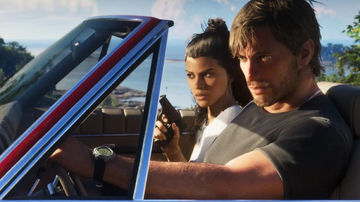 GTA 6 görselinde otomobilde oturan iki karakter