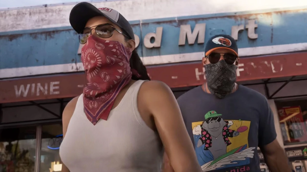 GTA 6 oyunundan bir sahnede yüzleri bandanalarla örtülü iki karakter