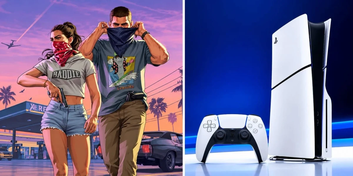 GTA 6 tanıtım görseli ile PS5 konsolu ve kontrolcüsü