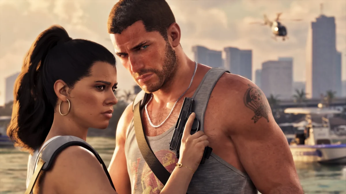 GTA 6 görselinde iki karakter şehir manzarası önünde görülüyor