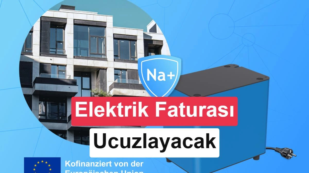 Elektrik faturası mesajı, sodyum iyon simgesi ve batarya görseliyle şebeke bağlantılı enerji depolama projesi