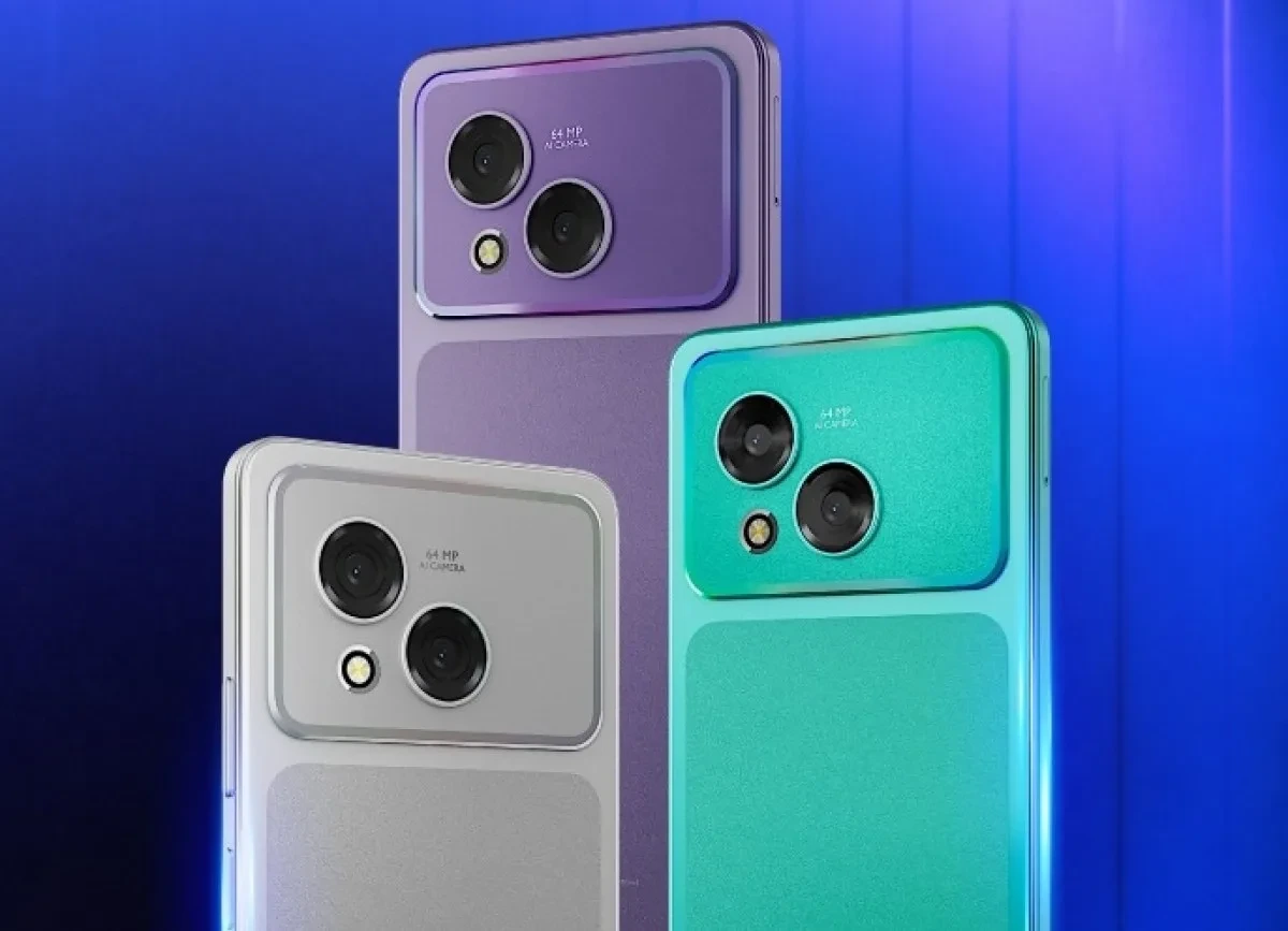 HMD Vibe 2 Max olduğu belirtilen telefonların mor, yeşil ve gri renkli arka yüzleri