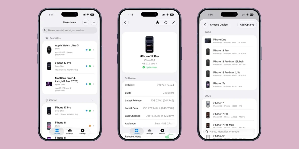 Hoardware uygulamasında Apple cihaz koleksiyonu ve cihaz ayrıntılarının gösterildiği üç iPhone ekranı