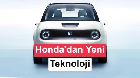 Honda E modelinin önden görünümü; görsel üzerinde Honda’dan yeni teknoloji yazısı yer alıyor