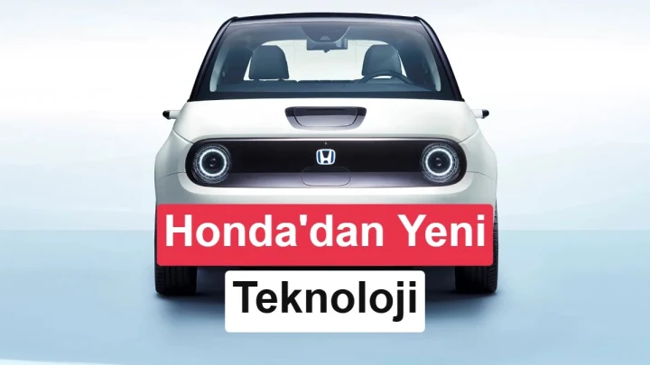 Honda E modelinin önden görünümü; görsel üzerinde Honda’dan yeni teknoloji yazısı yer alıyor