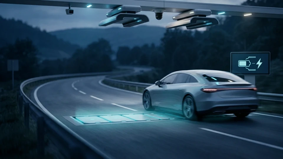 Yol üzerindeki kablosuz şarj alanından geçen elektrikli otomobilin temsili görünümü