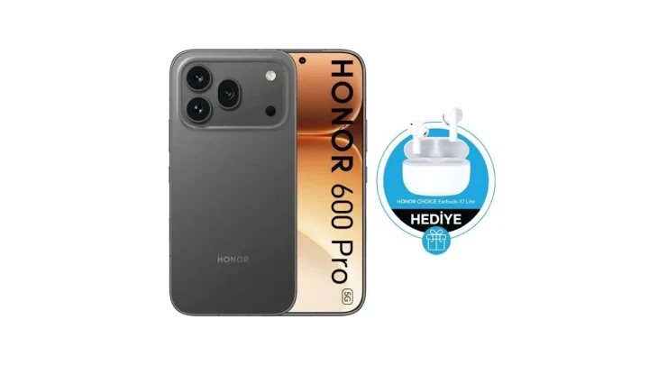 Siyah HONOR 600 Pro telefonun ön ve arka görünümü, yanında kablosuz kulaklık hediyesi görseli