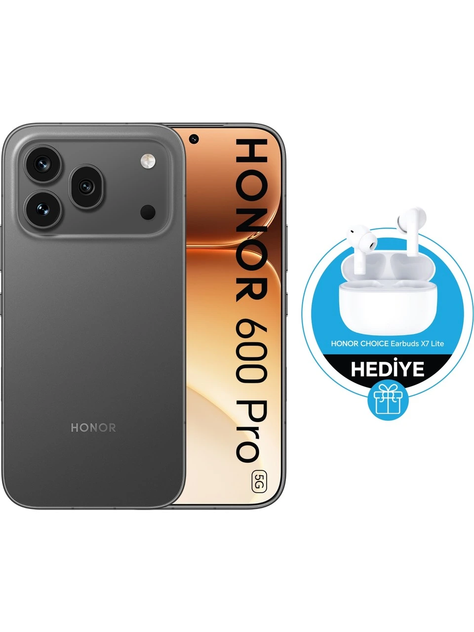 Siyah HONOR 600 Pro telefonun ön ve arka görünümü ve yanında kulaklık hediyesi görseli