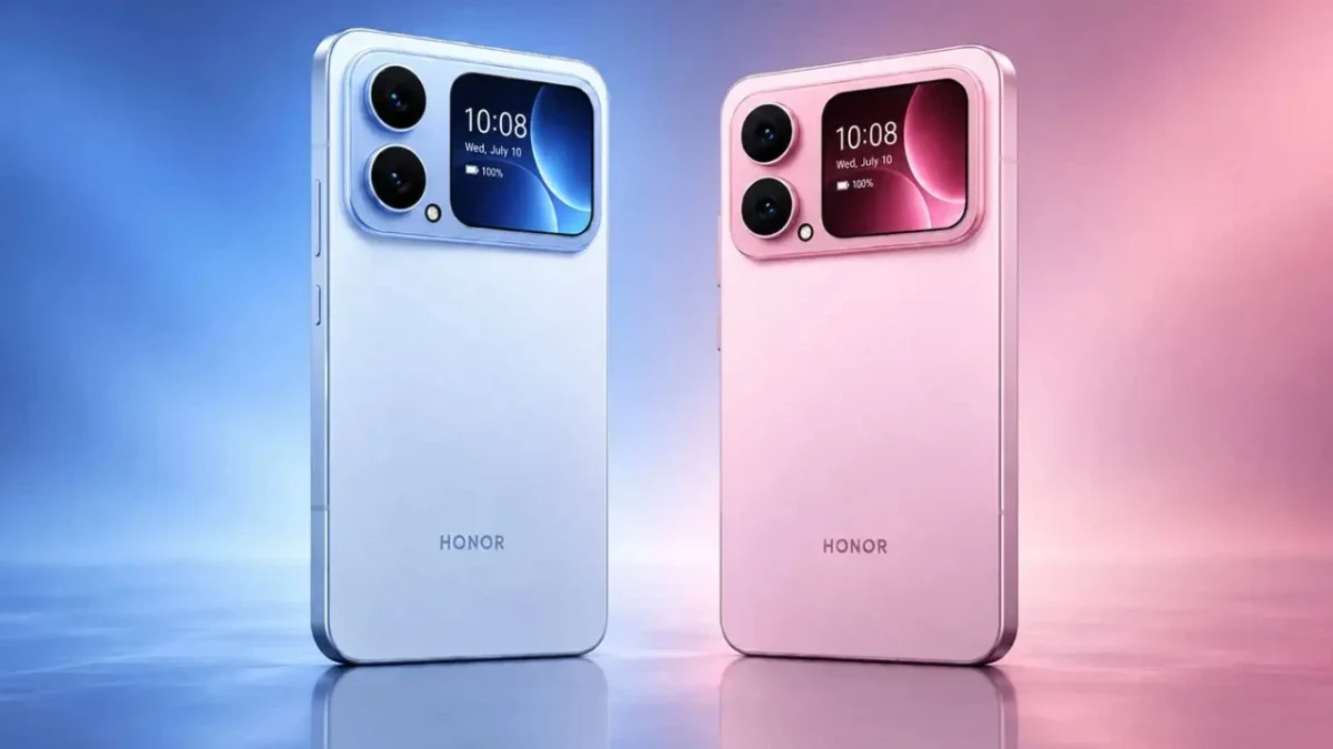 Mavi ve pembe renkli iki Honor akıllı telefonun arka yüzü