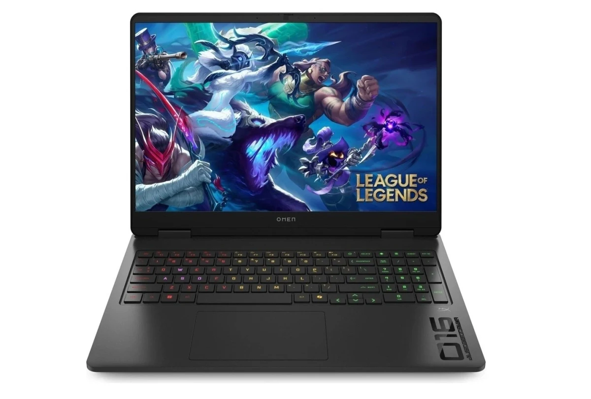 Ekranında League of Legends görseli bulunan HP Omen dizüstü bilgisayar