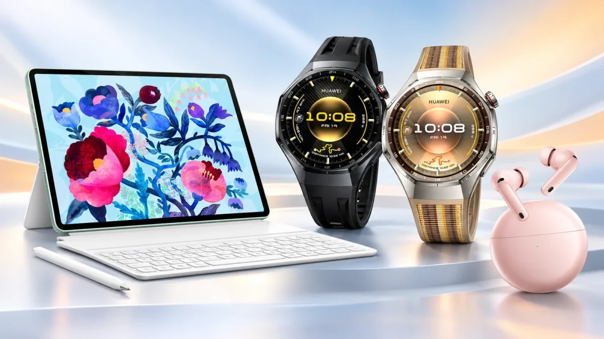 Huawei tablet, iki akıllı saat ve pembe kablosuz kulaklıkların yer aldığı ürün görseli