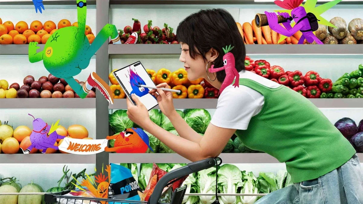 Bir kişi Huawei tablet üzerinde çizim yapıyor; çevrede renkli dijital çizimler görülüyor.