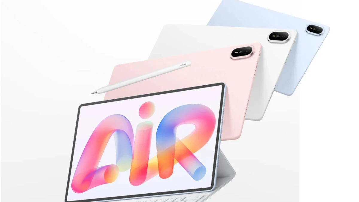 Huawei MatePad Air tabletin ekranında Air yazısı; arkada mavi, beyaz ve pembe renk seçenekleri görülüyor.