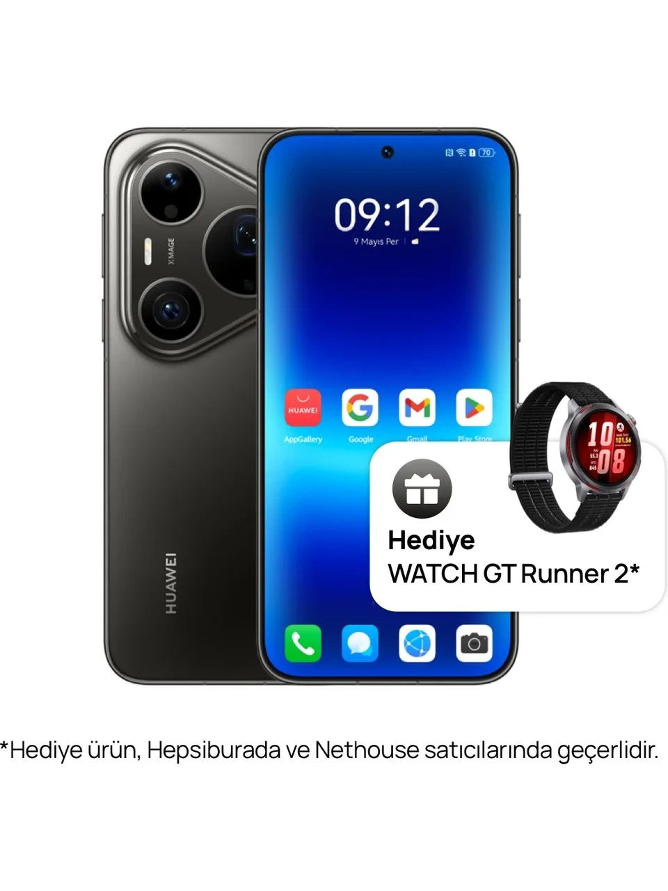 Huawei marka akıllı telefon ve yanında hediye Watch GT Runner 2 akıllı saat