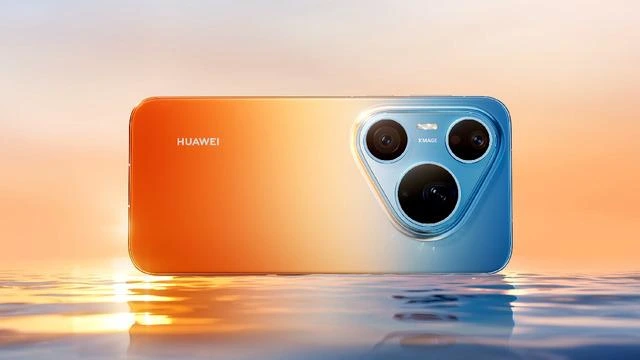 Turuncu ve mavi tonlarda Huawei telefonu, üçlü arka kamera tasarımıyla su üzerinde duruyor