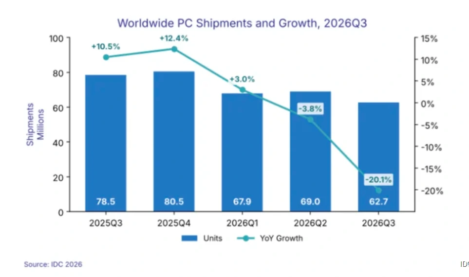 2025’in üçüncü çeyreğinden 2026’nın üçüncü çeyreğine dünya genelindeki PC sevkiyatlarını ve yıllık değişimi gösteren IDC grafiği