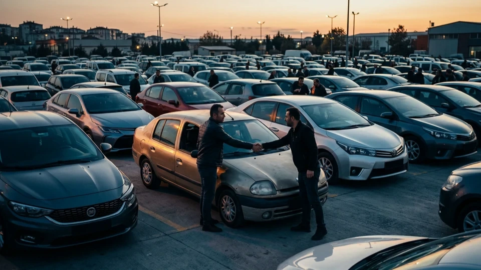 İkinci el otomobil pazarında araçların arasında otomobil inceleyen ve anahtar alışverişi yapan iki kişi