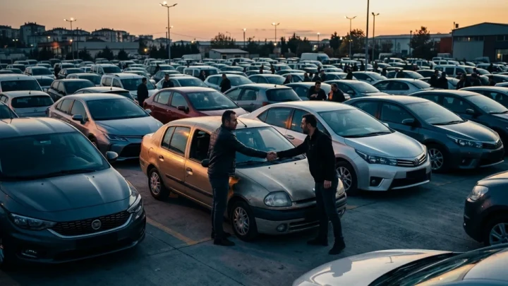 İkinci el otomobil pazarında araçların arasında otomobil inceleyen ve anahtar alışverişi yapan iki kişi