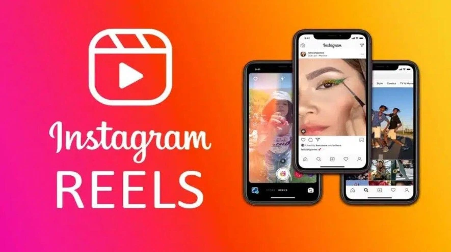 Instagram Reels logosu ve Reels içeriklerini gösteren üç telefon görseli