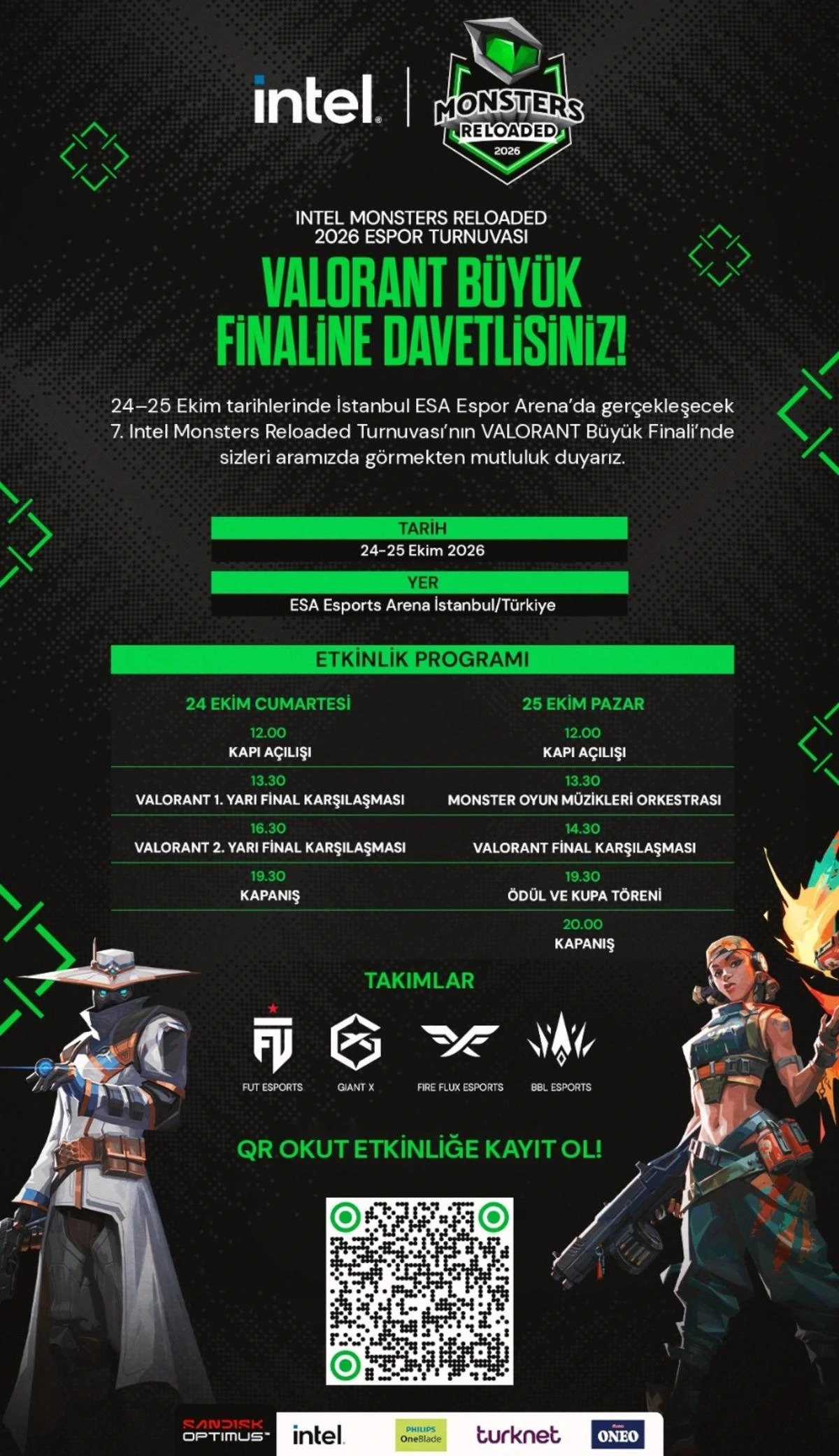 Intel Monsters Reloaded 2026 VALORANT finalinin tarihini, yerini ve etkinlik programını gösteren afiş