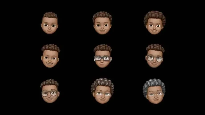 Siyah arka plan üzerinde farklı saç ve gözlük stillerine sahip dokuz memoji yüzü