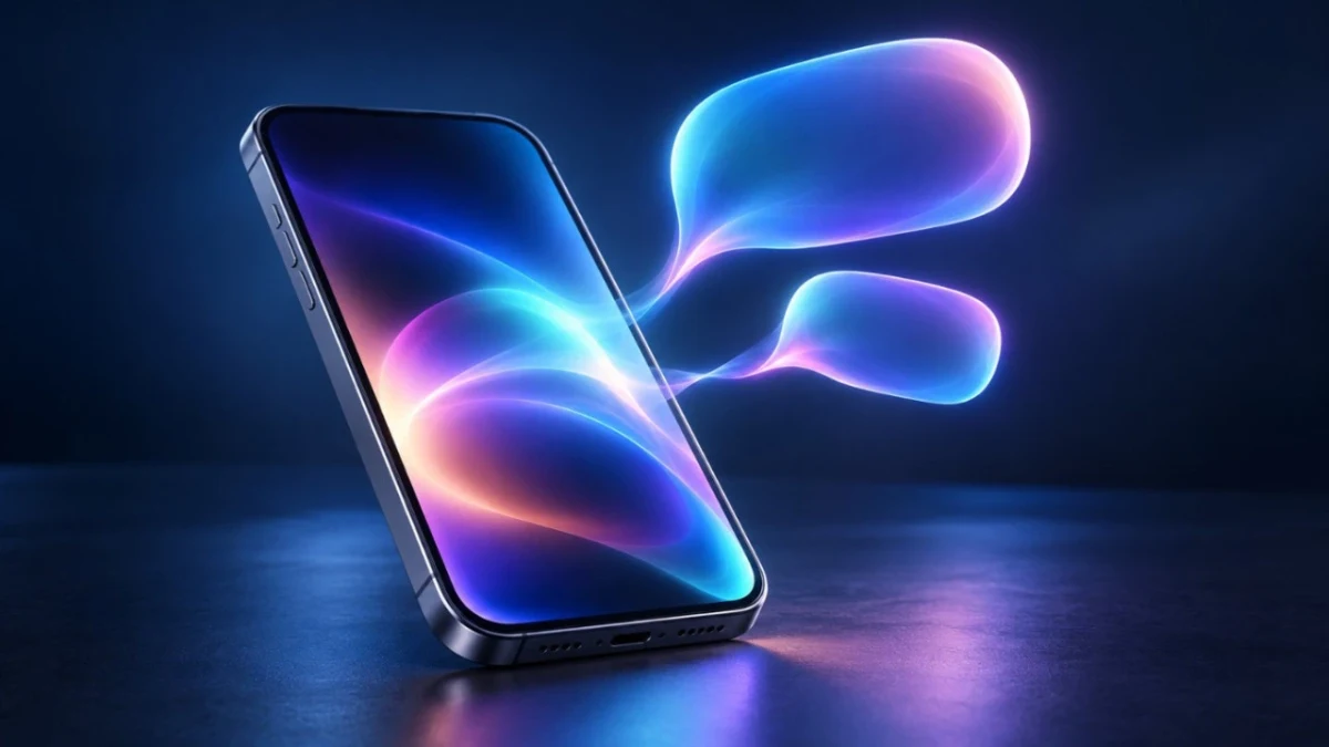 Renkli ışık efektleriyle tasarlanmış bir telefon ve sesli asistanı çağrıştıran soyut görsel