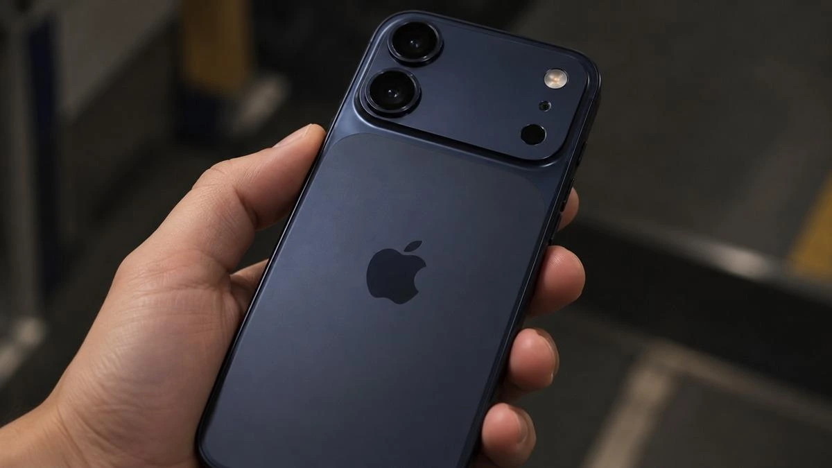 Bir elde tutulan koyu mavi iPhone 18 olduğu belirtilen telefonun arka yüzü