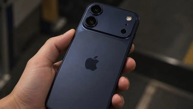 Koyu mavi iPhone 18 olduğu belirtilen telefonun arka yüzü ve çift kamera modülü