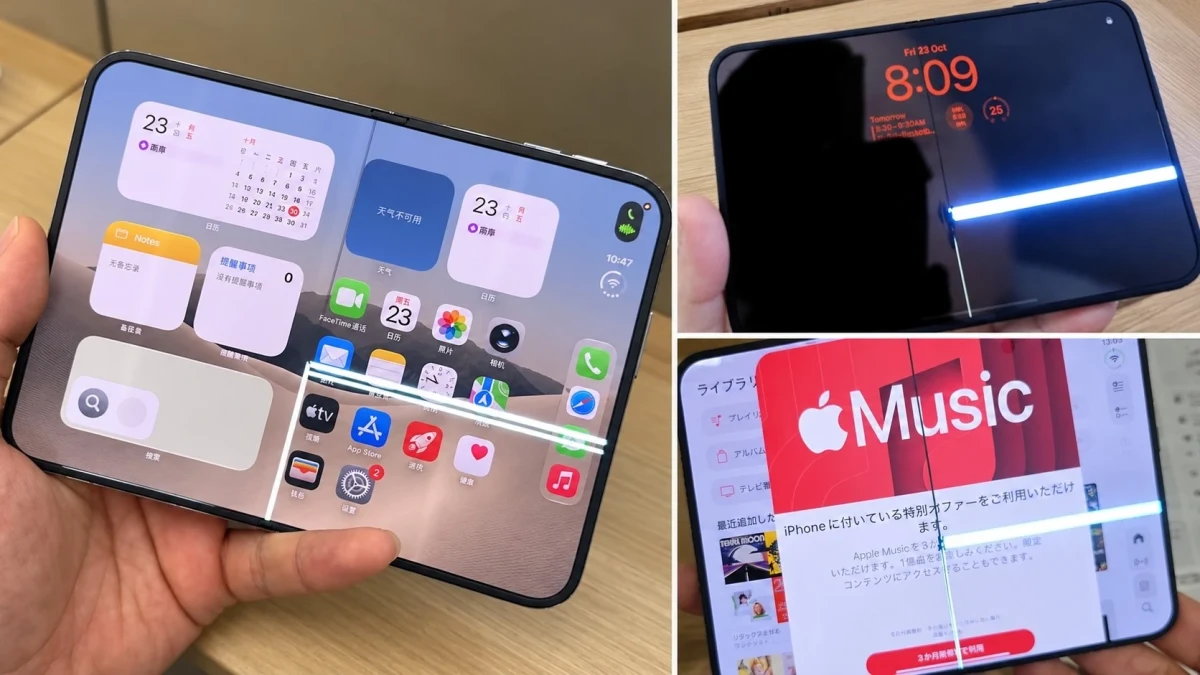 Elde tutulan katlanabilir telefonun ekranında uygulamalar ve saat bilgisi; yanında çatlak görünümlü ekran ve Apple Music ekranı