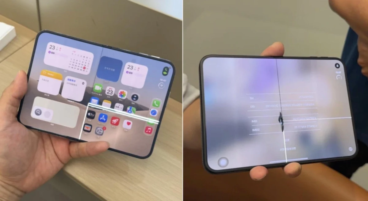 Yan yana gösterilen iPhone Duo cihazlarında bir ekranda menteşe hizasında kırık
