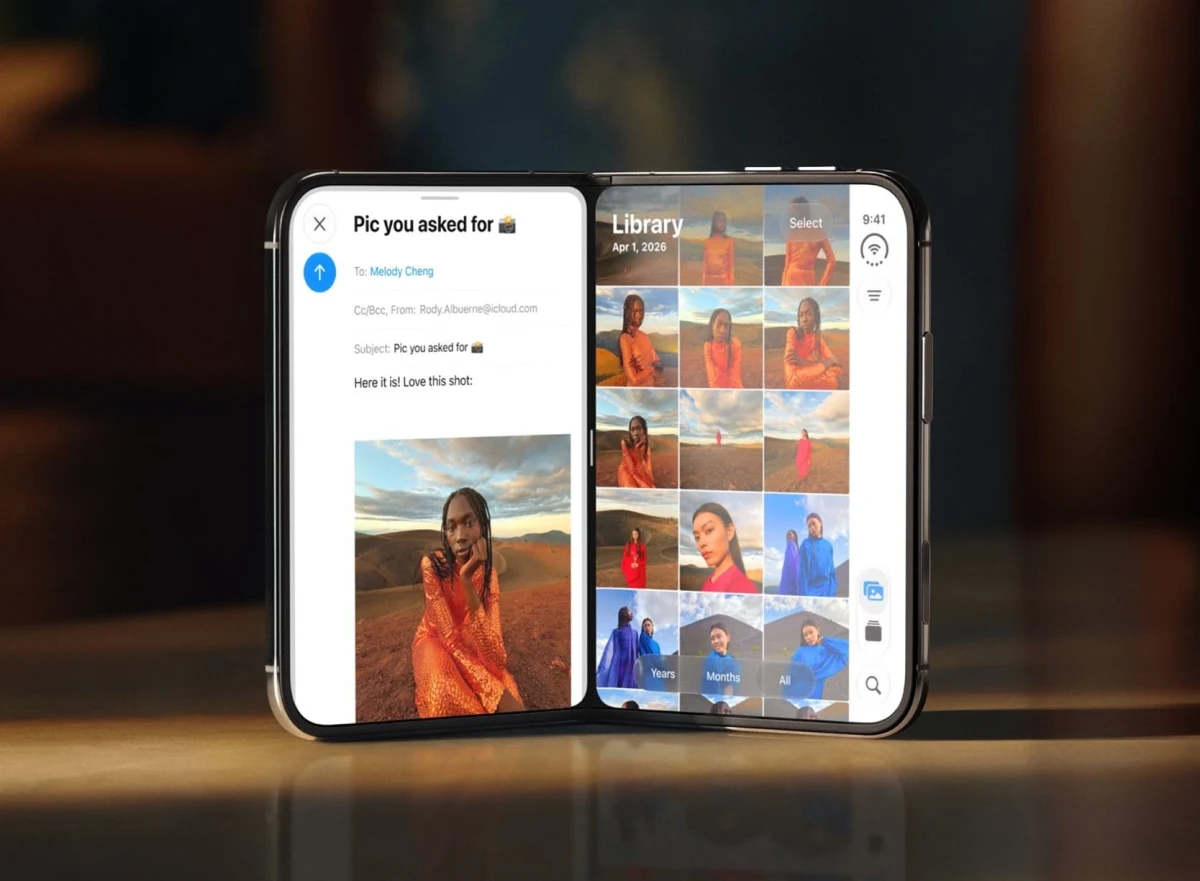 Katlanabilir iPhone Duo ekranında fotoğraf düzenleme arayüzü ve görsel galerisi