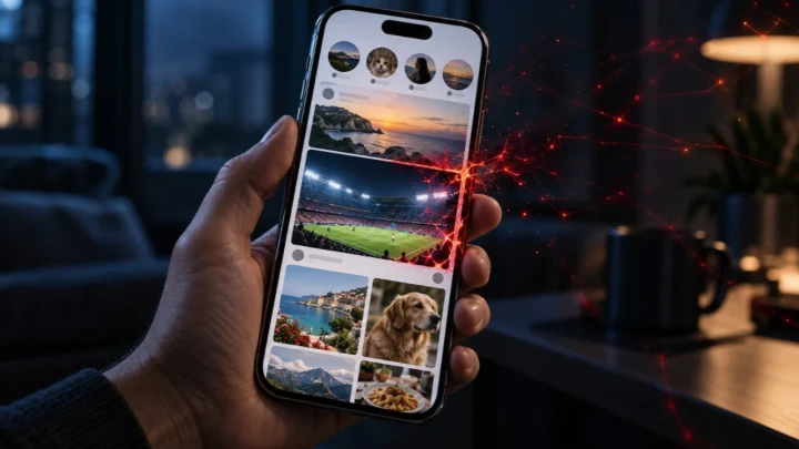 Instagram akışının açık olduğu bir iPhone ekranı ve telefonu çevreleyen dijital ağ efektleri