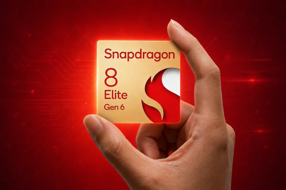 Bir elin tuttuğu Snapdragon 8 Elite Gen 6 işlemci görseli