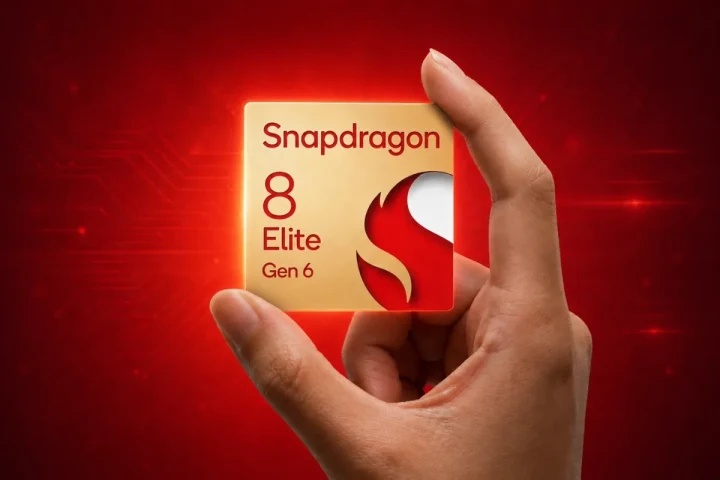 Bir elin tuttuğu Snapdragon 8 Elite Gen 6 işlemci görseli