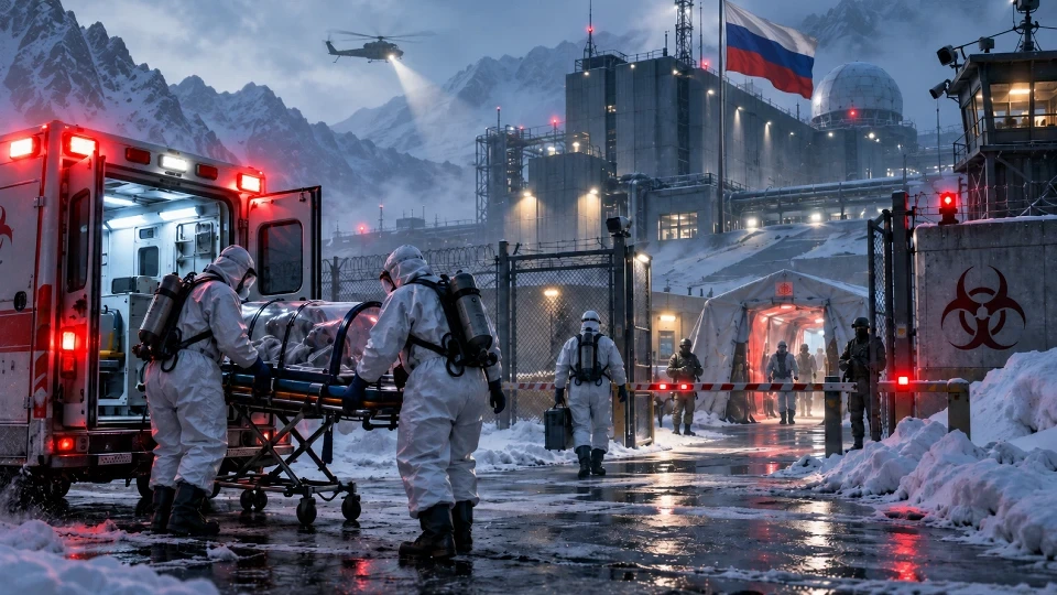 Koruyucu kıyafetli ekiplerin karlı bir tesis alanında sedyeyle bir kişiyi ambulansa taşıdığı sahne