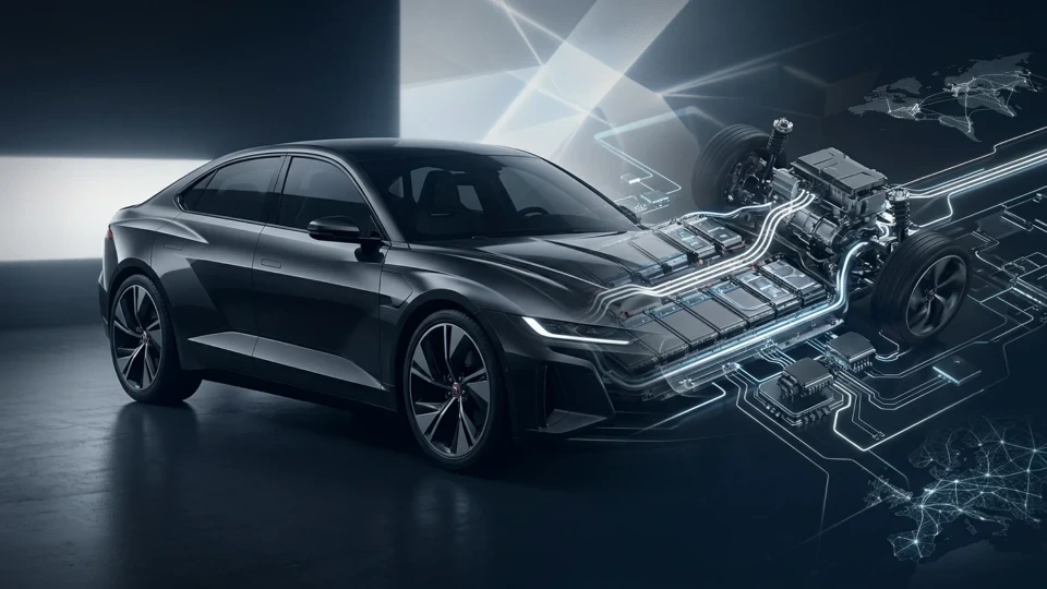 Jaguar Type 01 elektrikli otomobilin batarya ve elektrik sistemini gösteren teknik tanıtım görseli