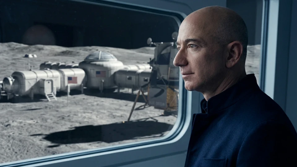 Jeff Bezos, Ay yüzeyindeki üs görünümünün önünde