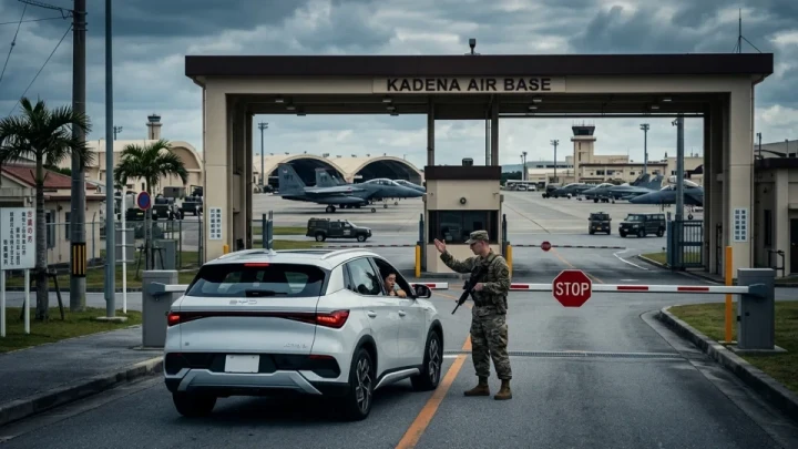 Kadena Hava Üssü girişinde bir asker, beyaz elektrikli otomobili kontrol ediyor
