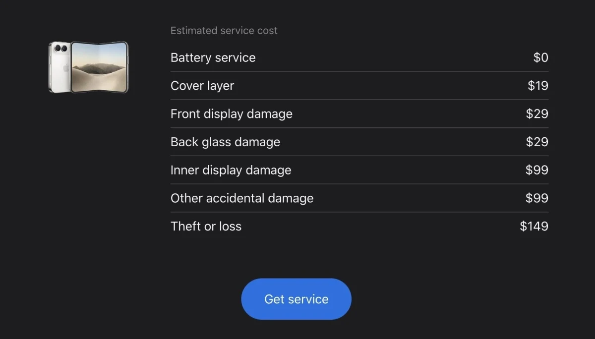 Katlanabilir telefon için tahmini servis ücretlerinin yer aldığı ekran
