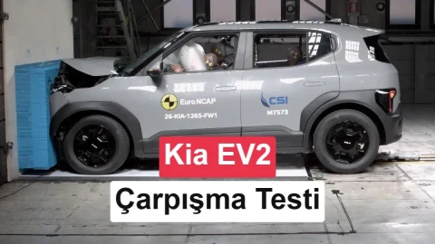 Kia EV2, Euro NCAP çarpışma testi sırasında bariyere çarpıyor