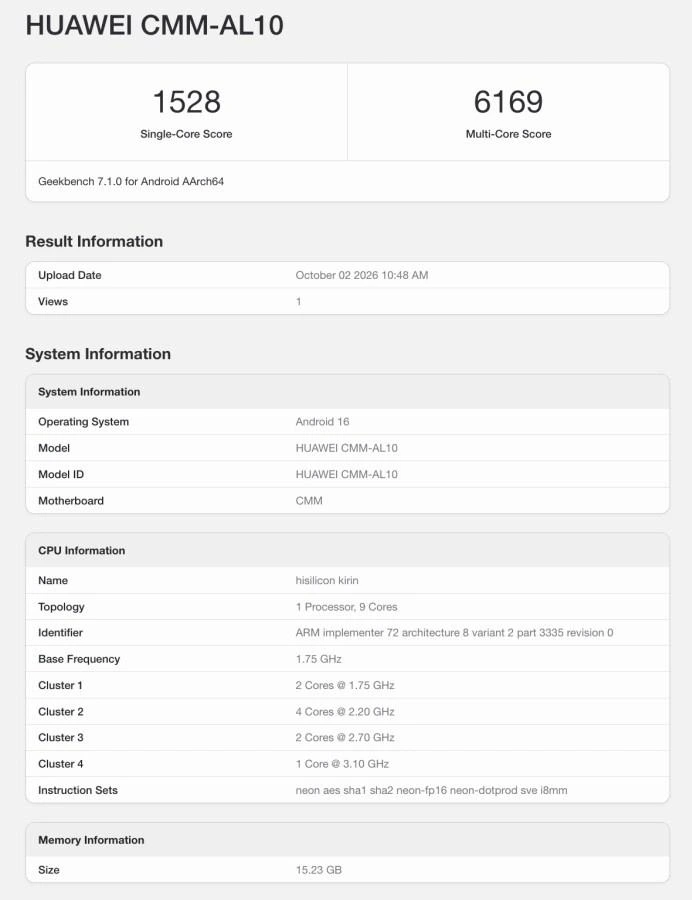 Huawei CMM-AL10 için Geekbench 7 sonuçları ve sistem bilgileri