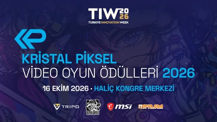 Kristal Piksel Video Oyun Ödülleri 2026 etkinliğinin tanıtım görseli; 16 Ekim 2026 ve Haliç Kongre Merkezi bilgileri yer alıyor.