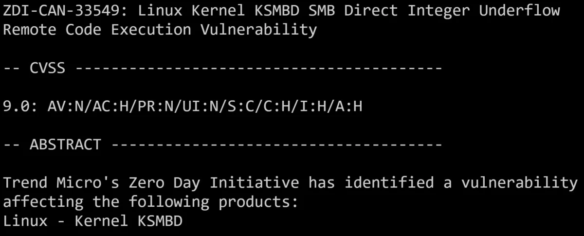 KSMBD SMB Direct açığı ve 9,0 CVSS puanını gösteren güvenlik bildirimi