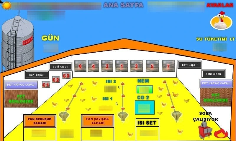 Isı, nem ve fan kontrollerinin yer aldığı kümes tesisi otomasyon ekranı