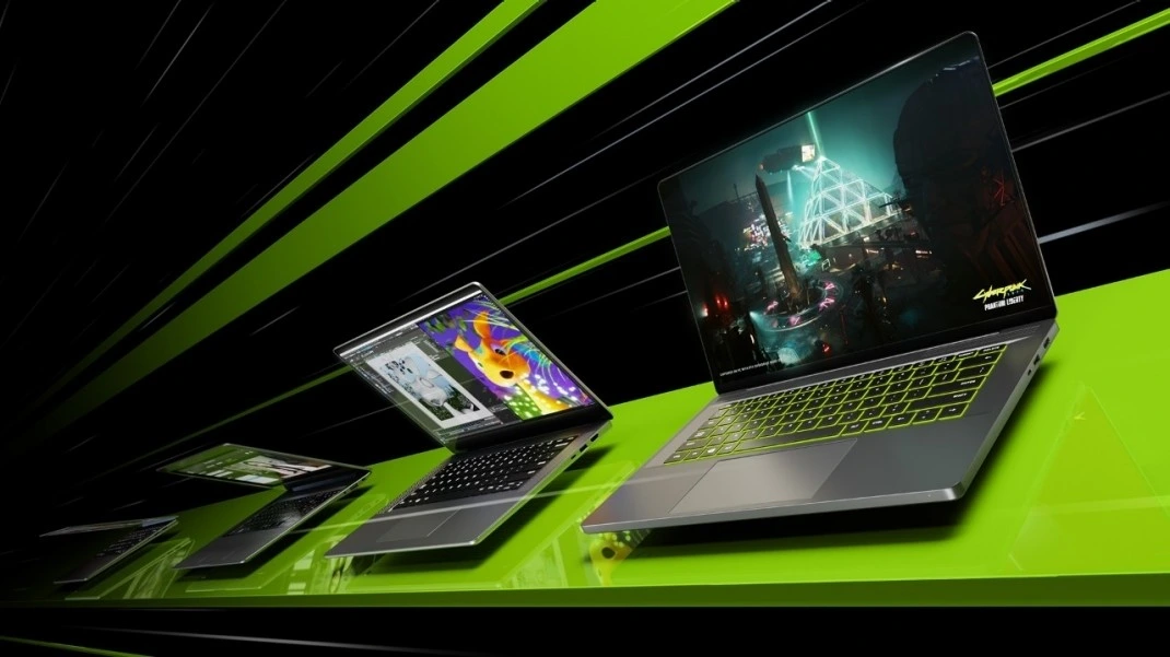 Oyun görüntüsü açık laptop ve ekran kartı temalı görsel