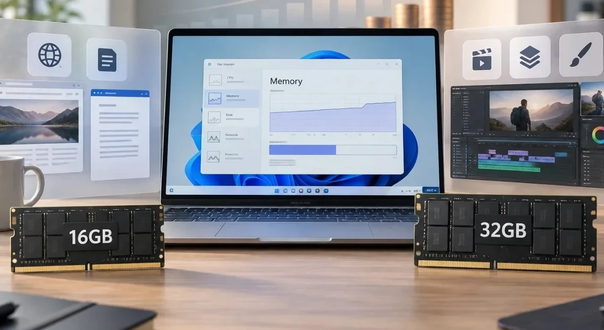 Laptop ekranında bellek bilgisi ve önünde 16 GB ile 32 GB bellek modülleri