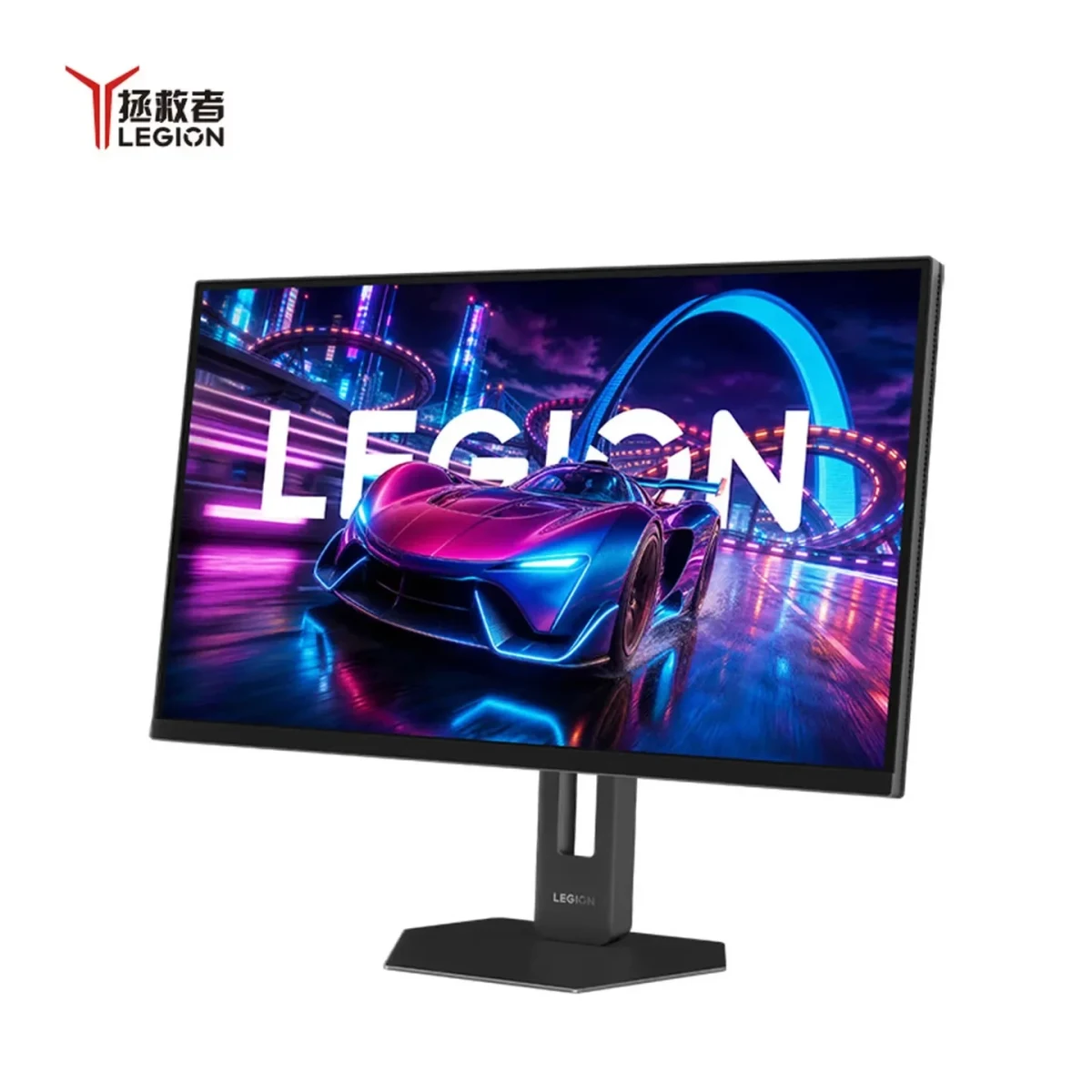 Lenovo Legion 27Q-20 monitör, renkli bir yarış otomobili görseli açık ekranda sergiliyor