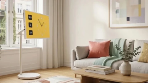 LG StanbyME serisi taşınabilir ekran, tekerlekli standıyla aydınlık bir oturma odasında
