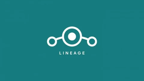 Turkuaz zemin üzerinde beyaz LineageOS simgesi ve logosu