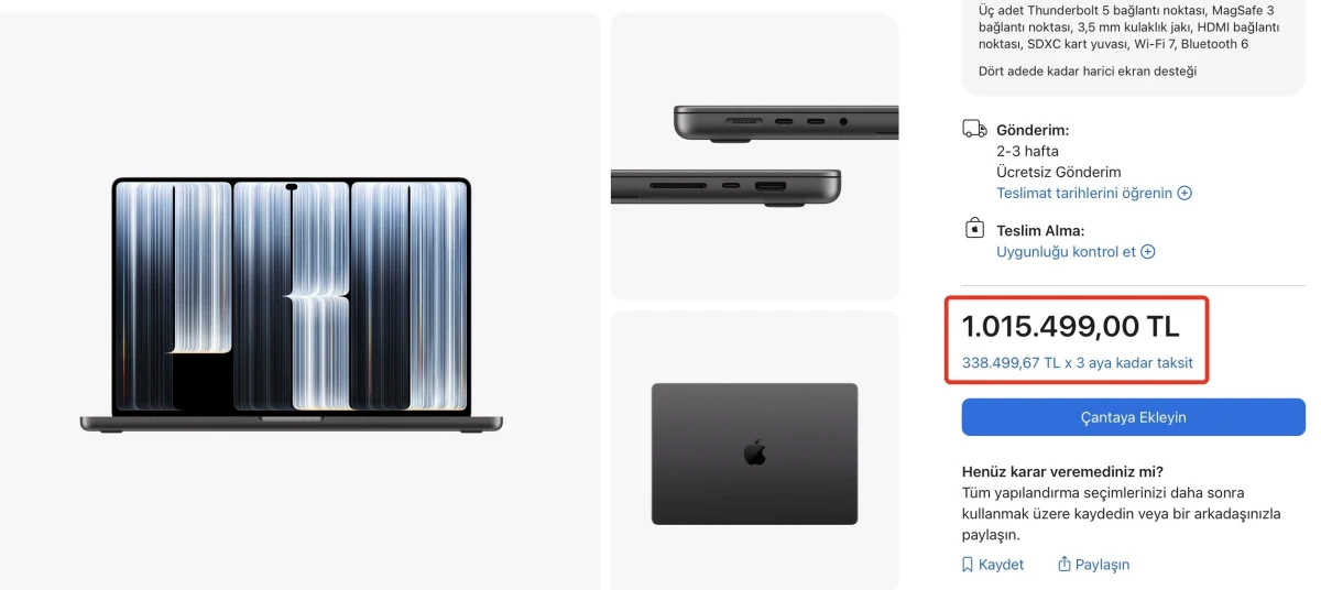 MacBook Pro ürün görselleri ve 1.015.499 TL fiyatının yer aldığı ürün sayfası